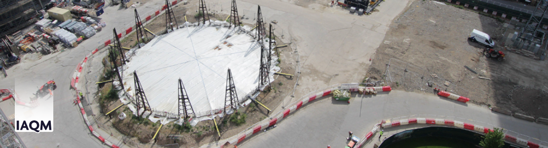 An overhead shot of a disused gasworks in Fulham, London.